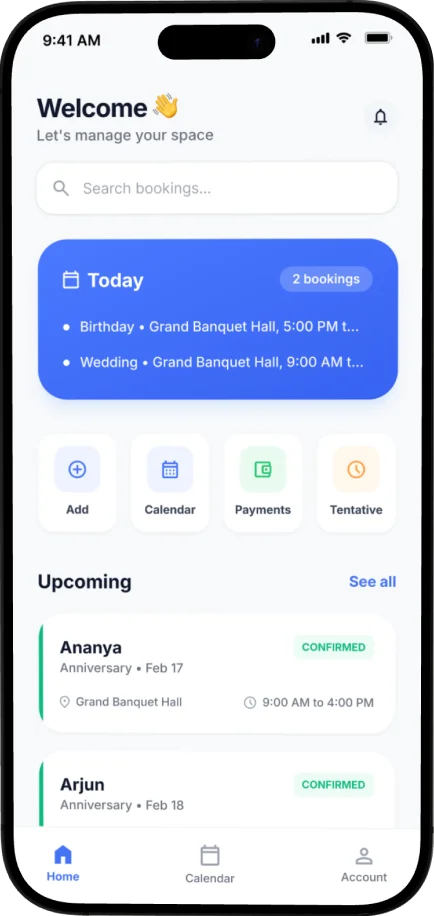 Kaliquid venue management software — mobile app screenshot