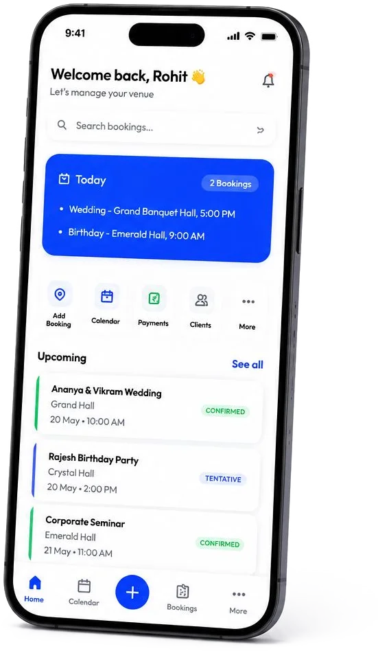 Kaliquid venue management app — bookings dashboard on a phone